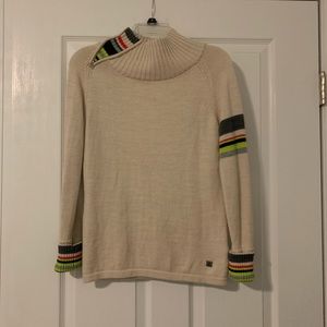 Smartwool women’s beige sweater, size M, zip neck stripe